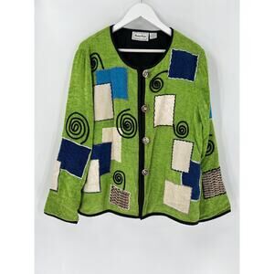 Nouveau Monde Vintage Jacket Womens XL Green Patchwork Button Close Embroidered